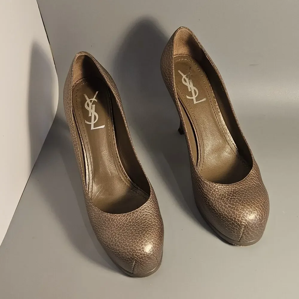 YVES SAINT LAURENT Bronze Leather Tribtoo Platform Pumps Italy dust bag SZ 10 - Picture 2 of 10